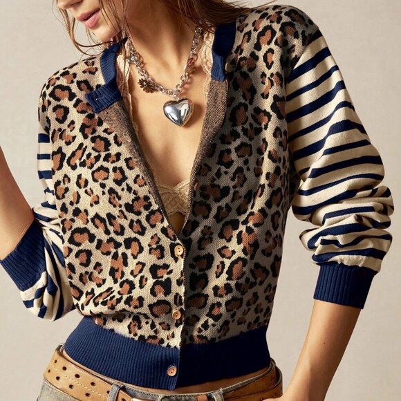Casual Women's Leopard & Striped Pattern Front Button Long Sleeve cardigan - Picture 5 of 7